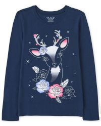 Girls Long Sleeve Christmas Reindeer Graphic Tee | The Children's Place | The Children's Place