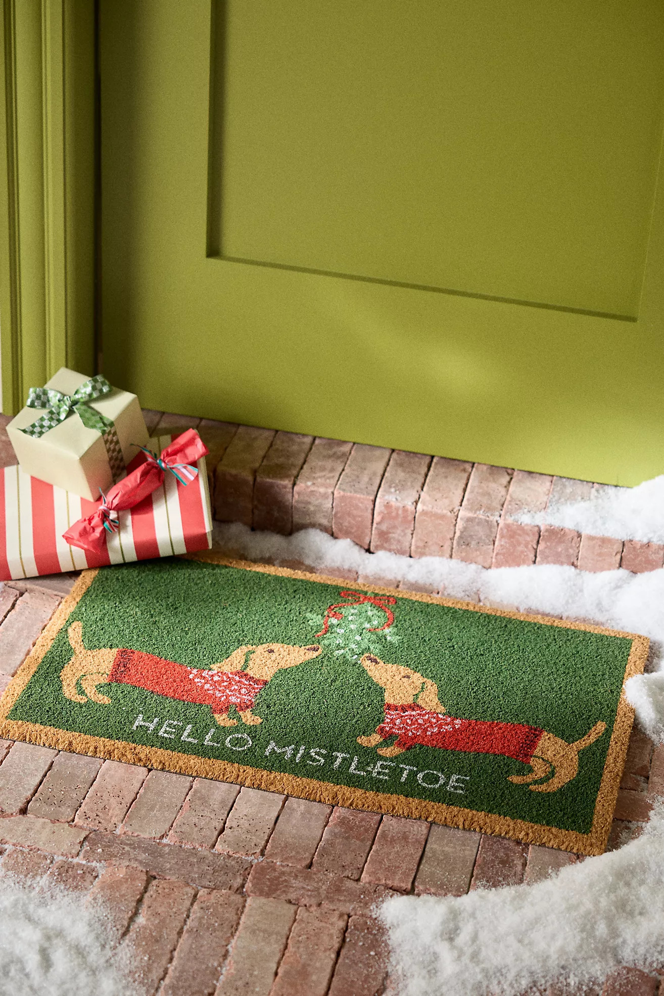 Mistletoe Dachshund Coir Printed Doormat | Anthropologie (US)