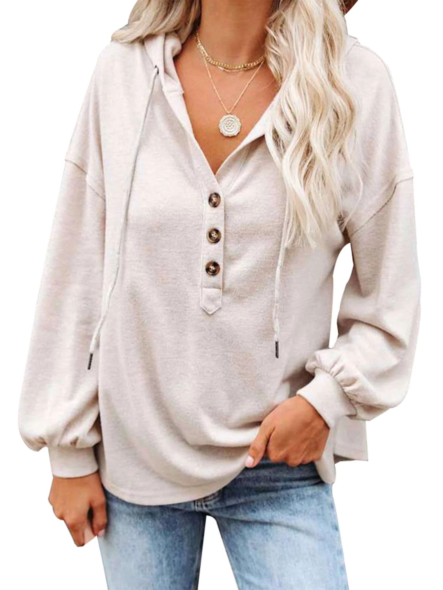 Avamo Women Casual Button Up Hooded Sweatshirt Solid Color Pullover Loose Tunic Tops Blouse Plus ... | Walmart (US)