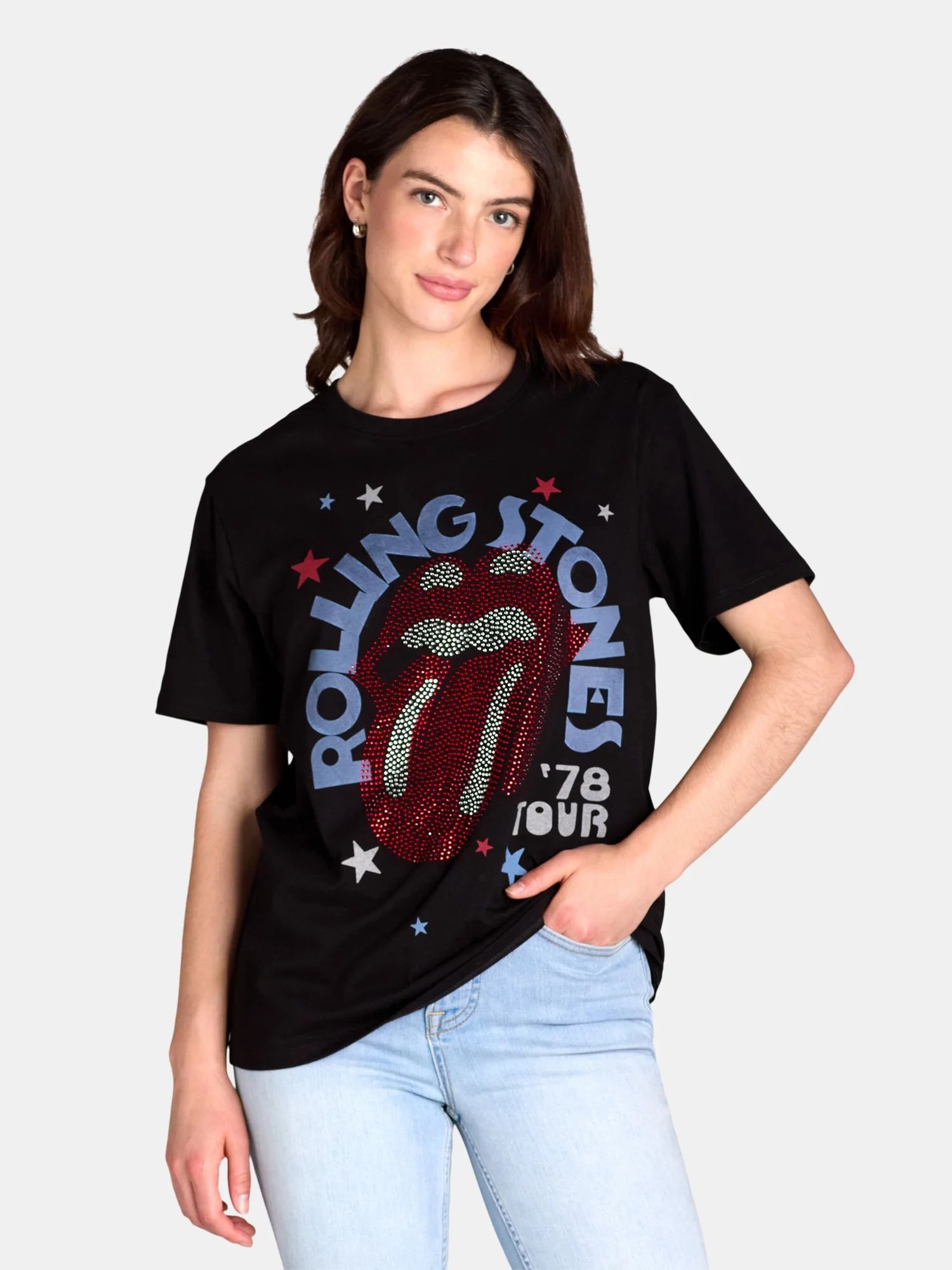 Time and Tru Women’s Rolling Stones Rhinestone Stud Graphic Band Tee, Sizes XS-XXXL - Walmart.c... | Walmart (US)