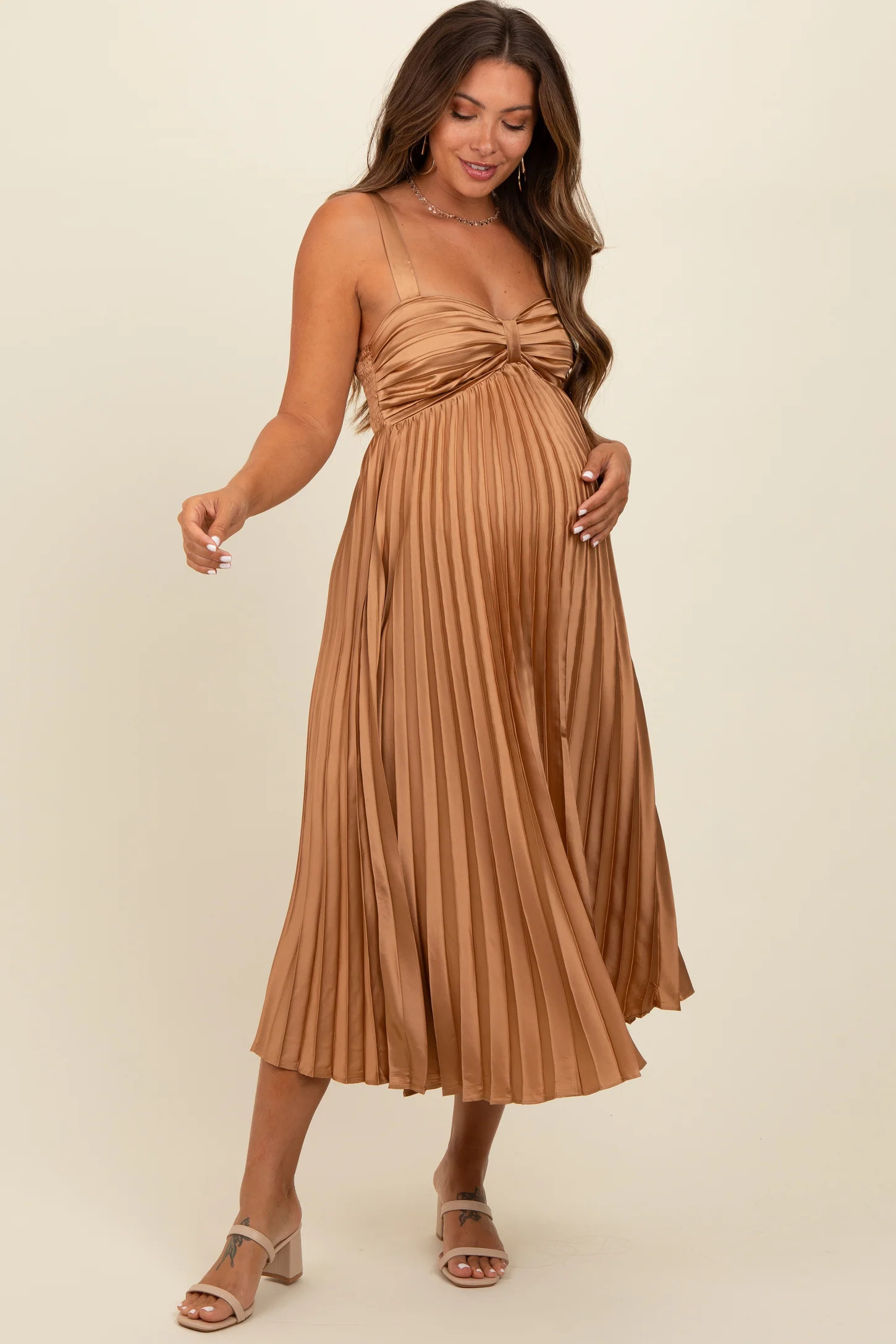 Gold Satin Pleated Sweetheart Maternity Midi Dress | PinkBlush Maternity