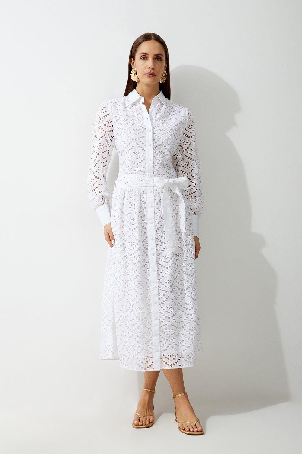 Cotton Broderie Woven Midi Shirt Dress | Karen Millen UK + IE + DE + NL