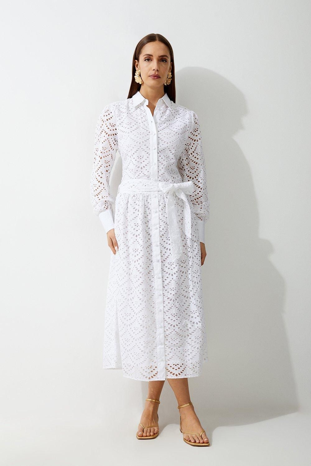 Cotton Eyelet Long Sleeve Woven Maxi Dress | Karen Millen US