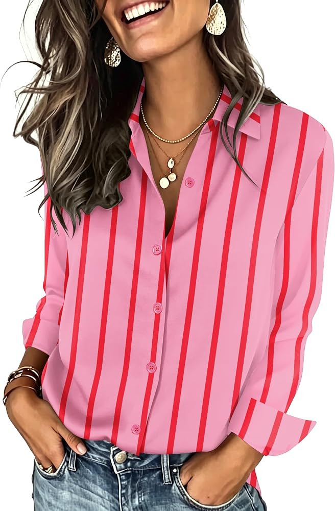 Zeagoo Button Down Shirts for Women Long Sleeve Tops Striped Solid Blouses | Amazon (US)
