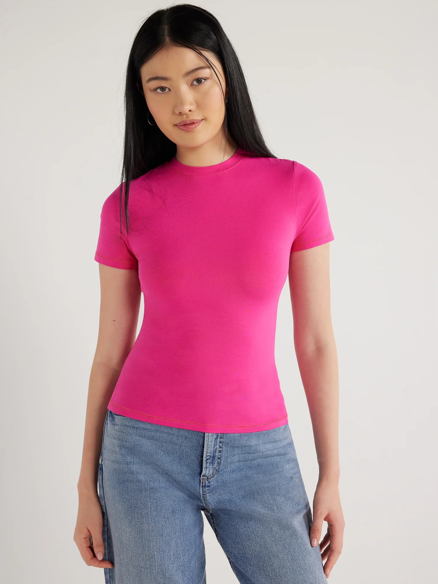 Scoop Women's Stretch Cotton Fitted Baby Tee with Short Sleeves, Sizes XS-XXL | Walmart (US)