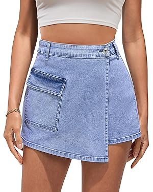 luvamia Denim Skorts for Woman Cargo Faux Wrap Jean Skort Skirts Stretchy High Waisted Skirt Shor... | Amazon (US)