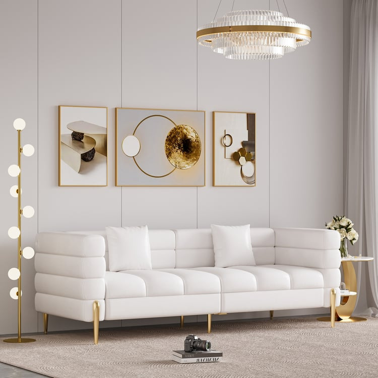 Aurora 79" Leather Fluted Sofa with Gold Legs & Pillows | Homary
