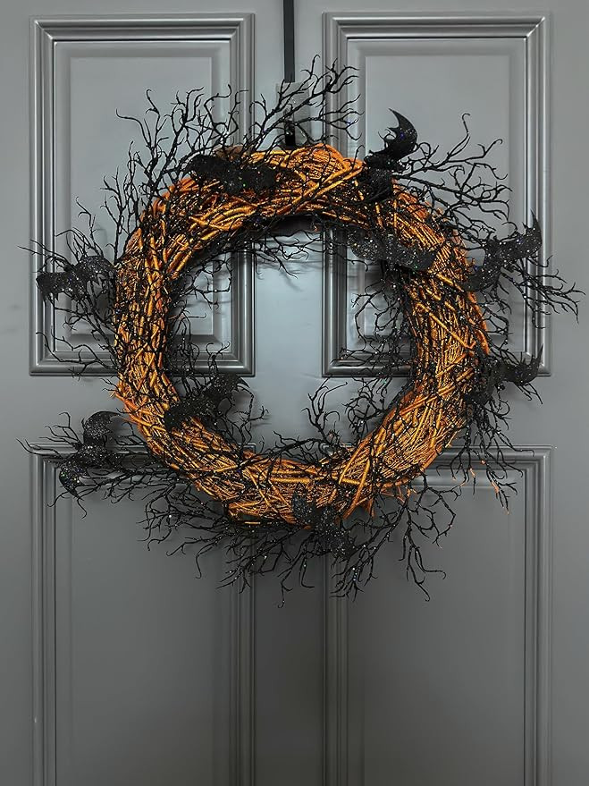 28" Large Halloween Wreath for Front Door, Orange Natural Grapevine Wreath with Faux Black Twigs ... | Amazon (US)