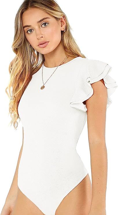 Romwe Women's Round Neck Layered Ruffle Short Sleeve Bodysuit | Amazon (US)