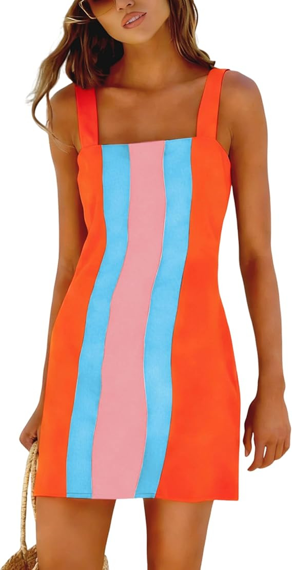 Yidarer 2026 Women's Summer Color Block Mini Dress Overall Dress Casual Beach Sundress Vacation B... | Amazon (US)