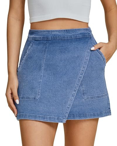 luvamia High Waisted Denim Mini Skirt Denim Miniskirt Mini Skirts for Women Jean Skirt Womens Stretchy Denim Skirt Jeans Skirt for Women Medium Blue Size Medium US Size 8 to Size 10 | Amazon (US)