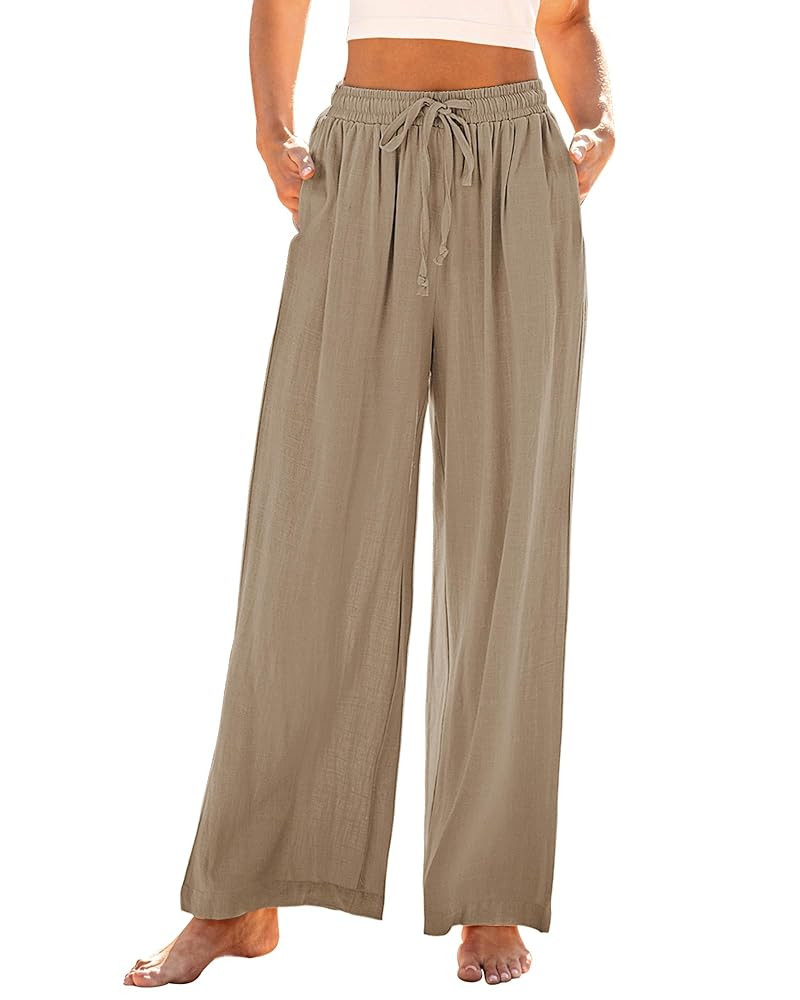 GRAPENT Wide Leg Pants Woman Linen High Waisted Pull On Flowy Casual Baggy Drawstring Palazzo Tro... | Amazon (US)