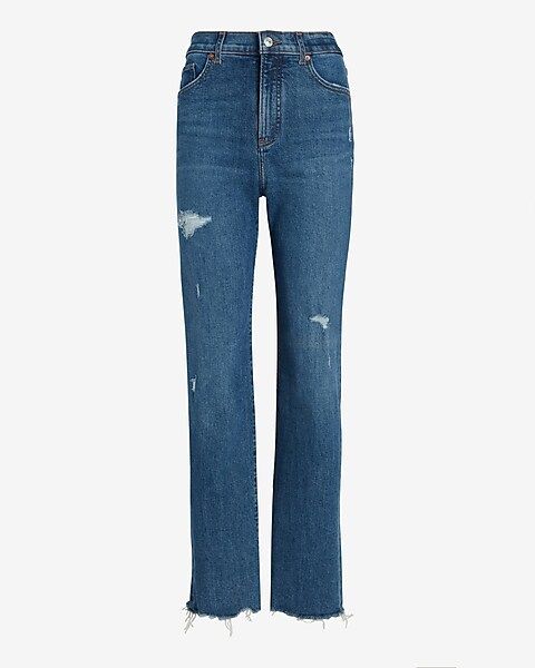 Super High Waisted Ripped Raw Hem Modern Straight Jeans | Express