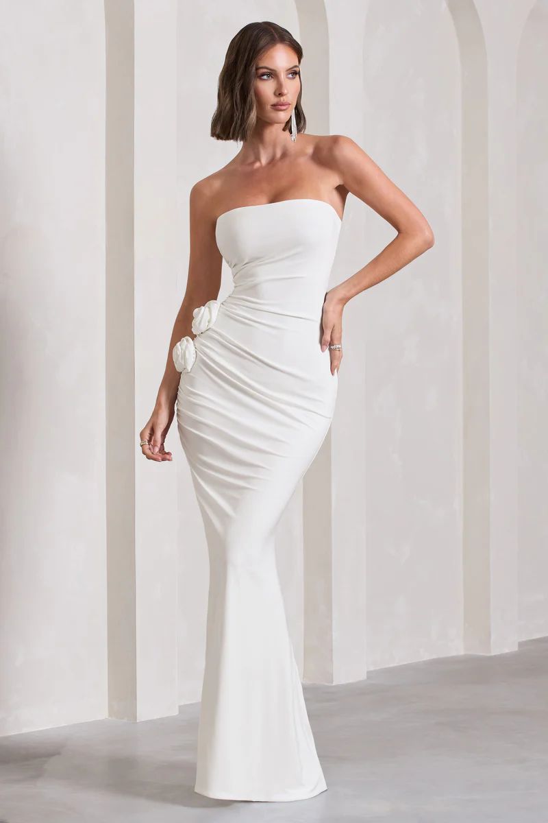 My Muse | White Ruched Bandeau Split Maxi Dress With Flowers | Club L London