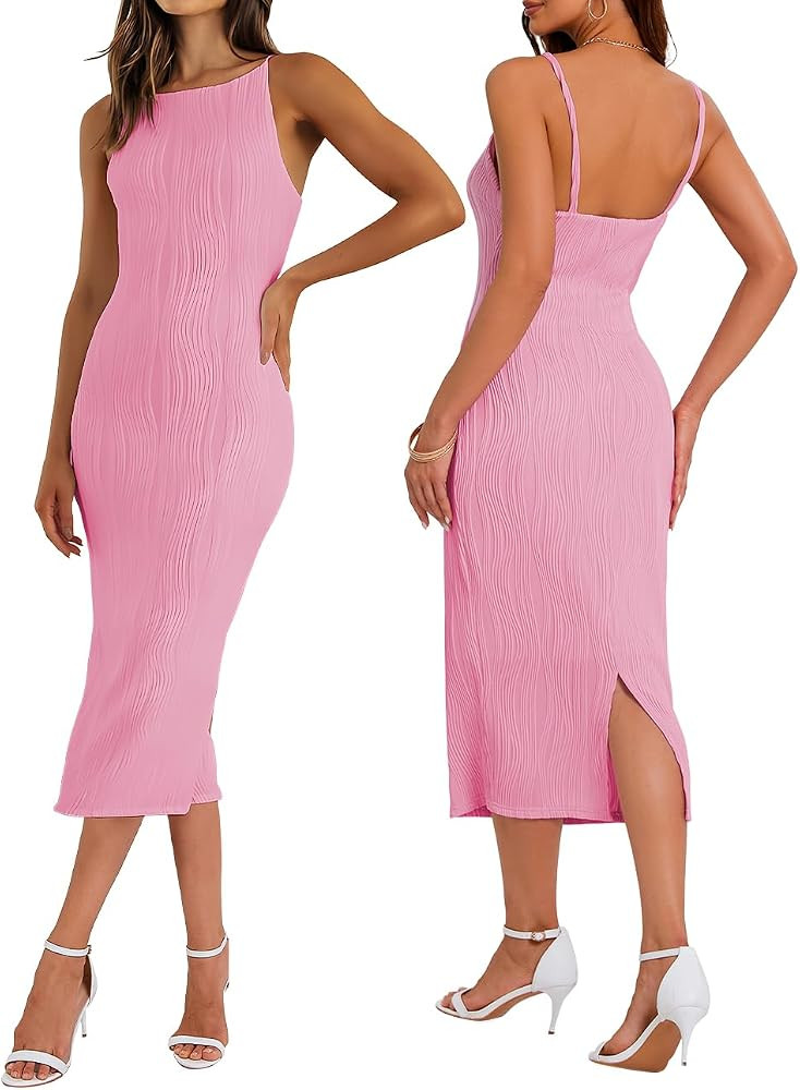 Women's Spaghetti Strap Bodycon Dress Sleeveless Knit Slit Midi Dresses Backless Cocktail Party S... | Amazon (US)