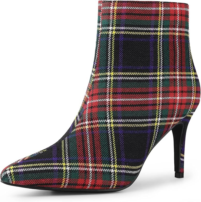 Allegra K Women's Plaid Pointed Toe Side Zip Stiletto Heel Ankle Boots | Amazon (US)