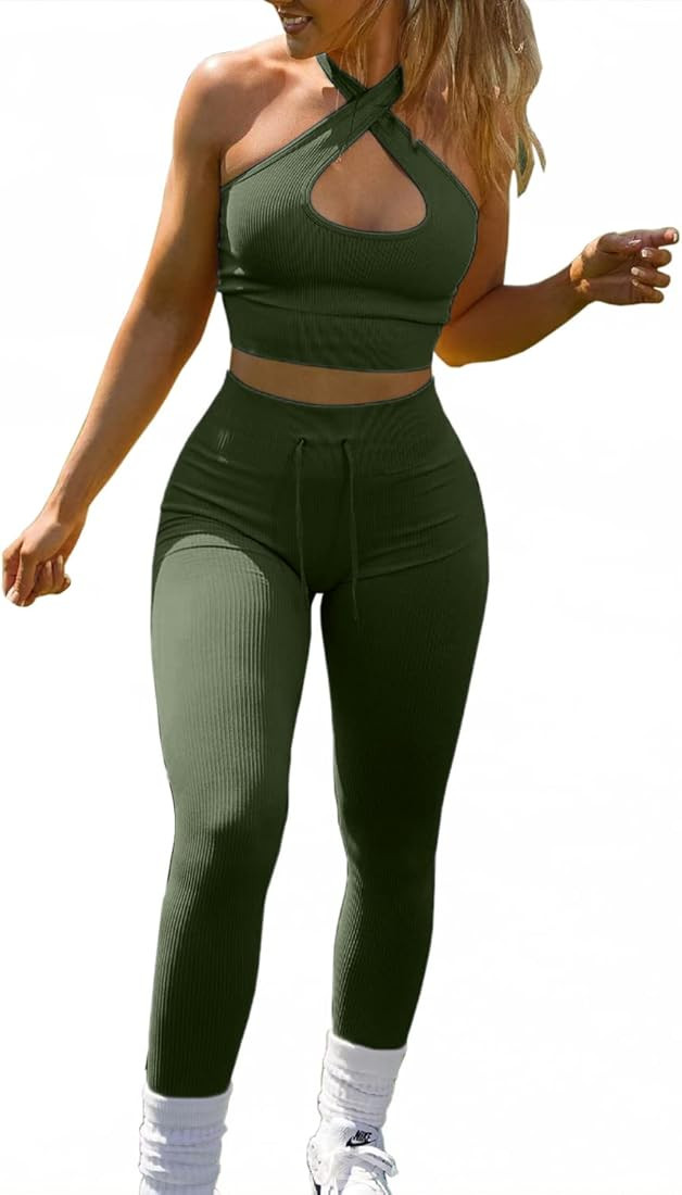 QINSEN Workout Sets for Women 2 Piece Seamless Ribbed High Waist Legging with Spor Bra GMY Exercise  | Amazon (US)