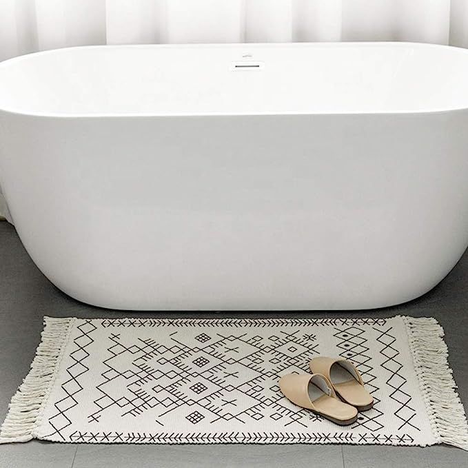 Boho Bathroom Rug Black White Small Tassel Bath Mat, Woven Kitchen Area Rug Fringe, Throw Washabl... | Amazon (US)