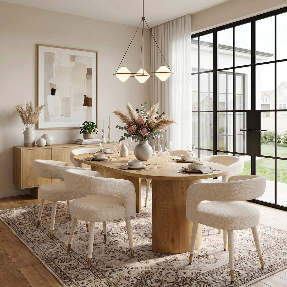 Modern 79" Oval Dining Table Set With 6 Upholstered Dining Arm Chairs | Wayfair North America
