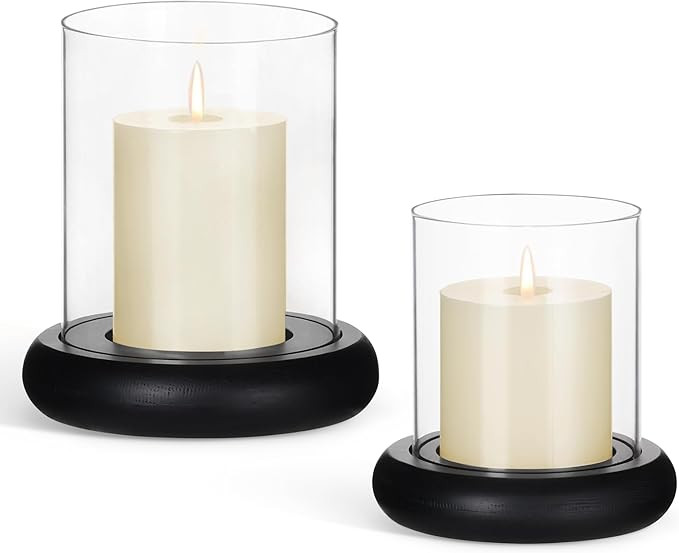 Set of 2 Black Hurricane Candle Holders with Wood Base, Modern Windproof Glass Cylinder Lantern, ... | Amazon (US)