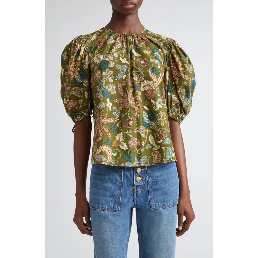 Ulla Johnson Coralie Embroidered Puff Sleeve Top in Lichen at Nordstrom, Size 6 | Nordstrom