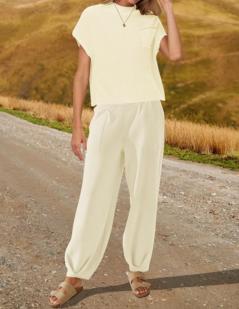 ZESICA Women's 2 Piece Outfits Sweater Set Short Sleeve Mock Neck Knit Pullover Top High Waist Pa... | Amazon (US)