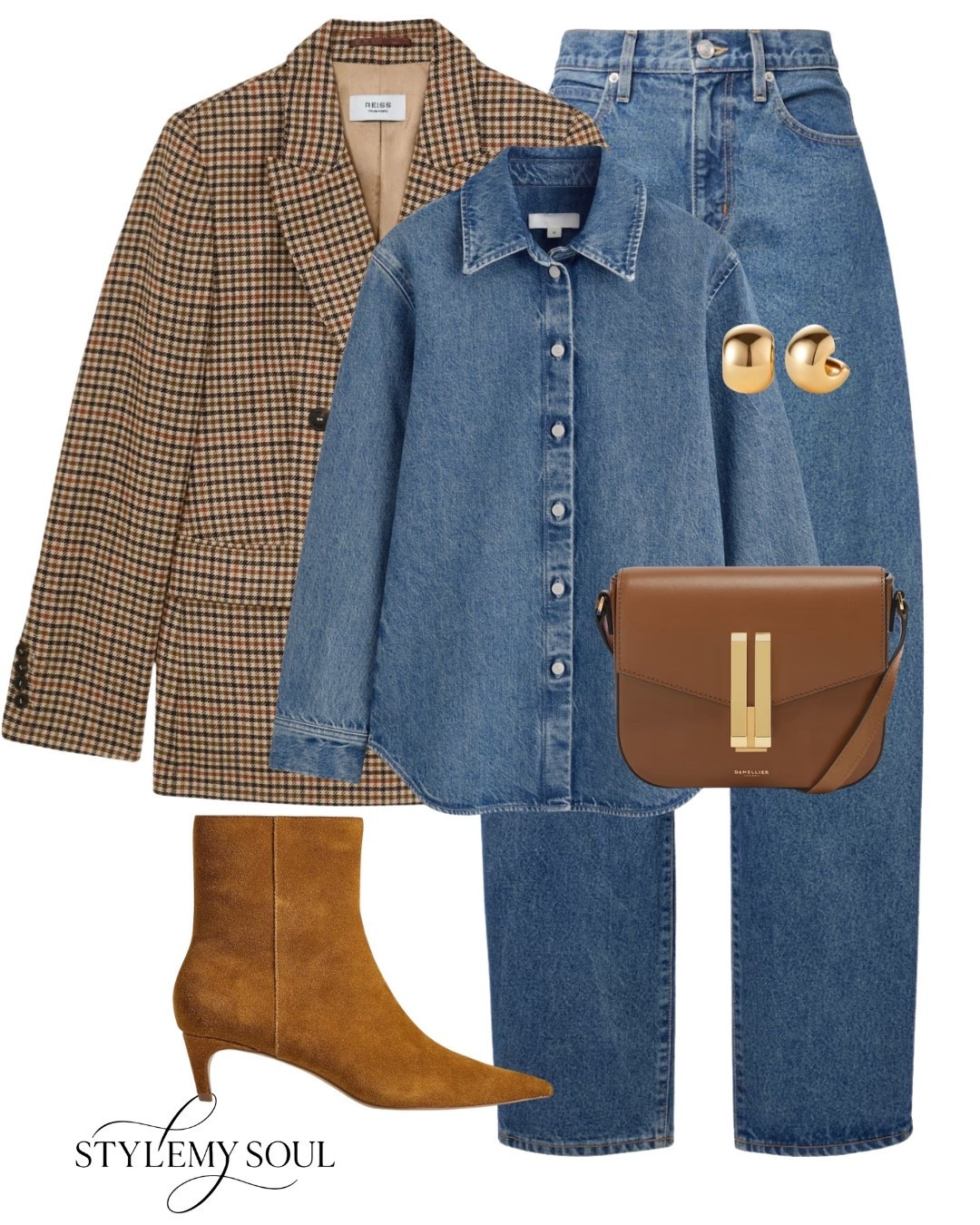 Blazer, double denim  denim shirt, jeans, boots, camel bag, gold earrings

#LTKjeans #LTKautumn #LTKworkwear
