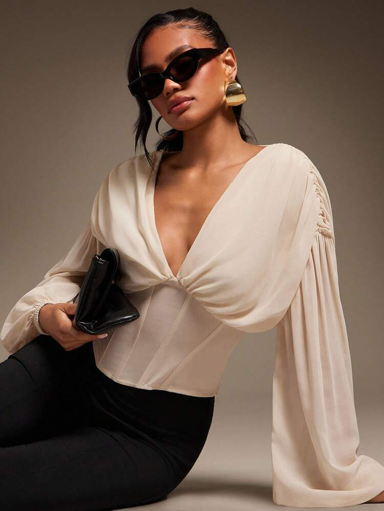 SHEIN X Tata & Beatriz Hauture Sexy Chiffon Corset Blouse – Romantic Balloon Sleeve Top For Elegant Night Out, Going Out & Holiday Looks | SHEIN