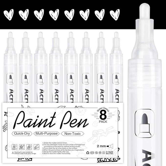 AKARUED White Acrylic Paint Markers, 8 Pack Acrylic White Paint Pen Sets for Rock Painting, Wood,... | Amazon (US)