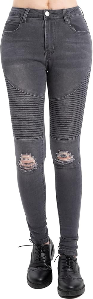 Lisskolo Women's Stretch Moto Biker Skinny Jeans Ripped Moto Leggings Riding Jean | Amazon (US)