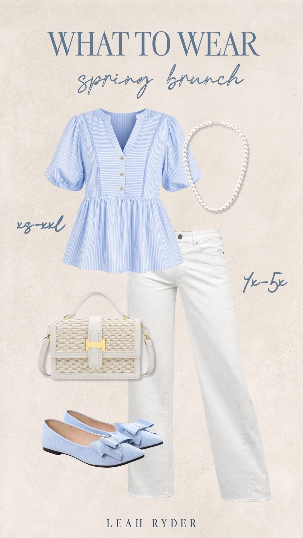 This spring brunch outfit pairs a blue striped peplum blouse with white straight-leg jeans for a crisp, polished look. Add pearl accessories, a woven crossbody bag, and bow flats for a soft, feminine touch. This spring brunch outfit works for baby showers, Easter gatherings, and weekend lunch dates. Light layers and breathable fabrics make it perfect for unpredictable spring weather.

#LTKPlusSize
