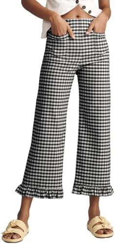 Acelitt Women's Gingham Pants Summer Casual Elastic Waist Straight Leg Ruffle Hem Stretchy Croppe... | Amazon (US)