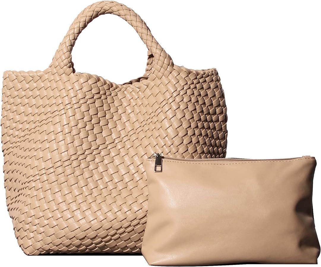 MUNTICO Women Vegan Leather Woven Bag with Purse,10 pcs bag wipe cloth, Fashion Handmade Beach To... | Amazon (US)