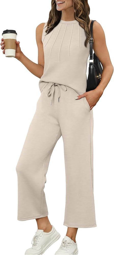 WIHOLL Two Piece Sets for Women Summer Vacation Travel Outfits Pleated Tank Top Wide Leg Crop Pan... | Amazon (US)