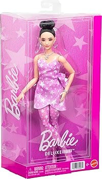 Barbie Deluxe Style Doll #11 in Pink Denim Star-Print Dress with Matching Tights, Black Hair in H... | Amazon (US)