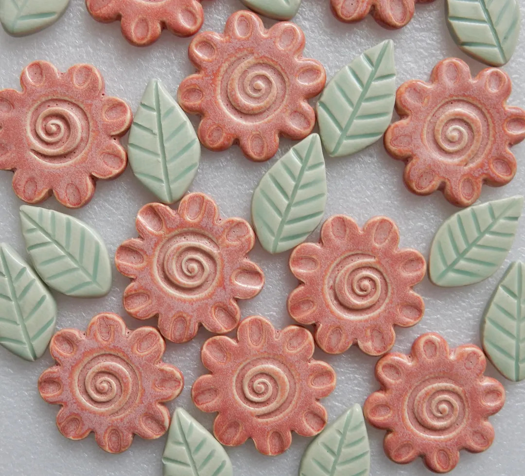 FLOWERS and LEAVES...22 handmade embossed ceramic mosaic tiles...10 flowers and 12 leaves...  (st... | Etsy (US)