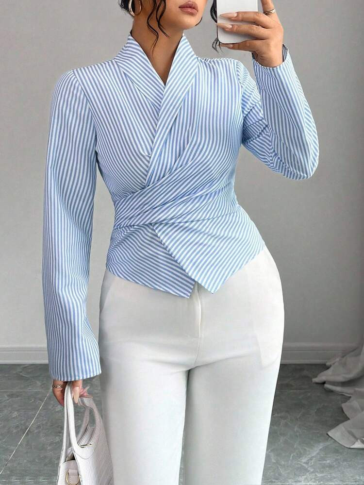 Regalyn Plus Size Women Elegant Commuter V-Neck Blue And White Striped Long Sleeve Shirt | SHEIN