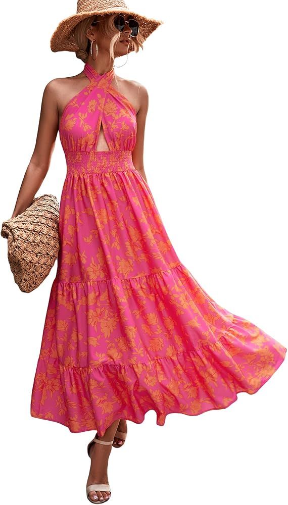 WDIRARA Women's Floral Print Criss Cross Sleeveless Tie Back Halter Dress | Amazon (US)