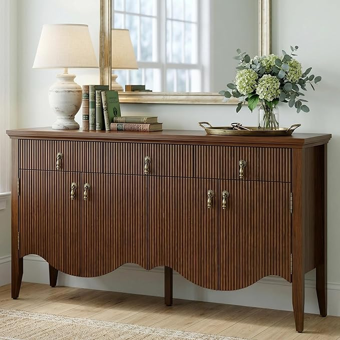 FUSUNBAO 57-Inch Sideboard Buffet Cabinet with 3 Drawers and 4 Doors, Vintage Fluted Sideboard wi... | Amazon (US)