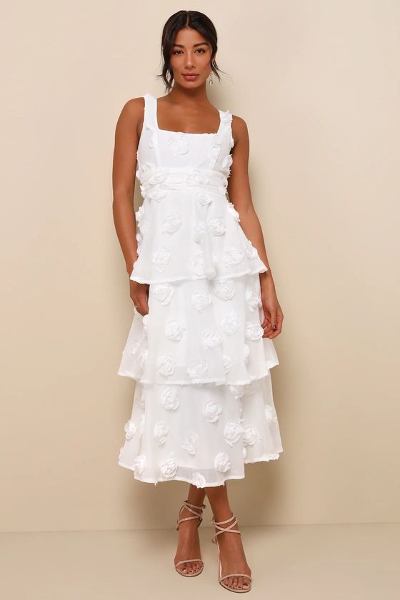 Exceptional Entrance White Sleeveless Tiered Rosette Midi Dress | Lulus