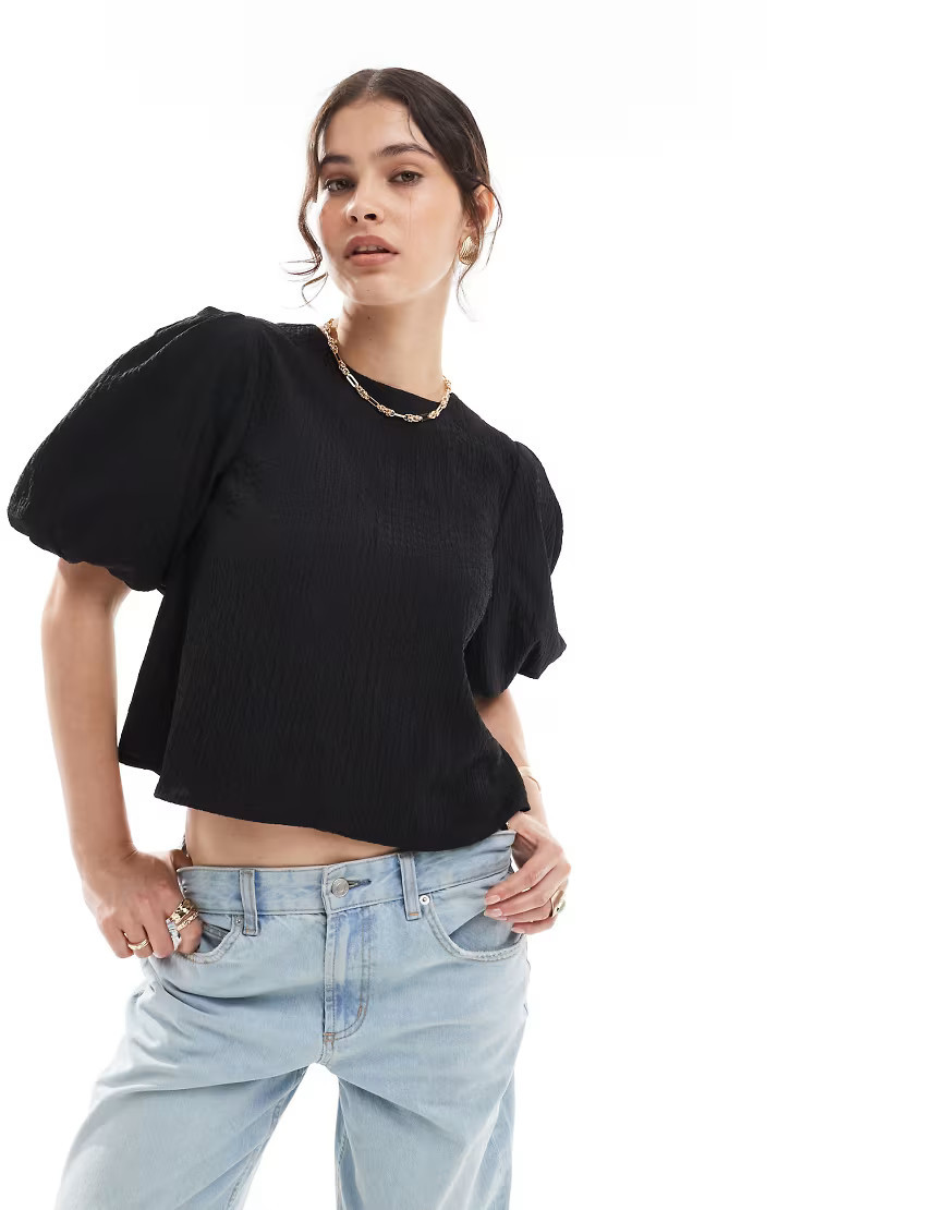 ASOS DESIGN crinkle fabric puff sleeve top in black | ASOS (Global)