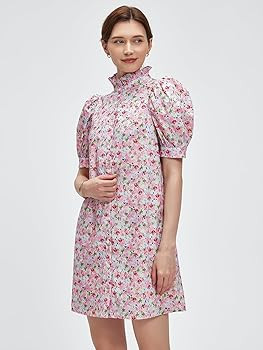 Women Summer Floral Mini Dress Ruffle Neck Puffer Sleeve Boho Beach Shift Dresses | Amazon (US)