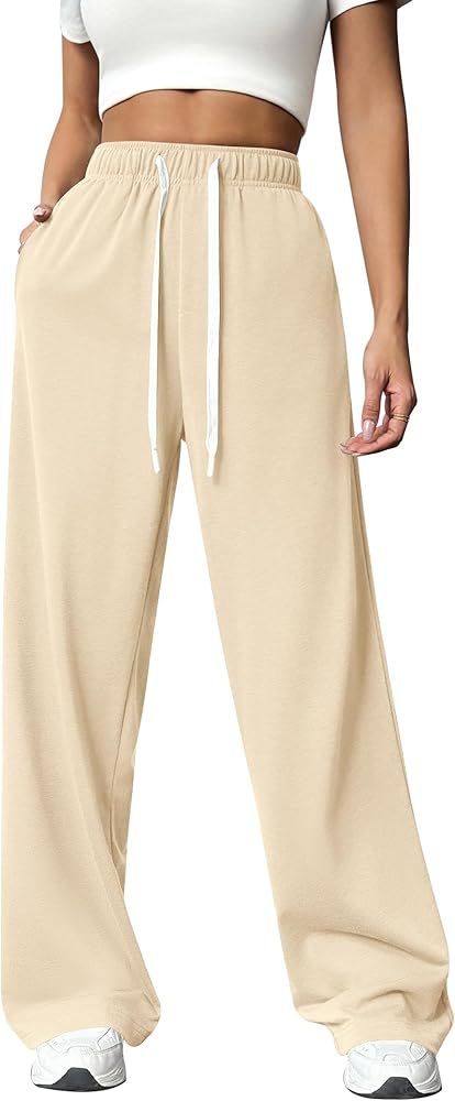 PINSPARK Wide Leg Sweat Pants for Womens High Waisted Baggy Sweatpants Casual Drawstring Workout ... | Amazon (US)