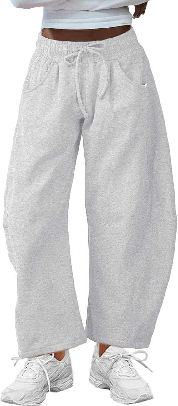 Hongsui Women's Barrel Leg Pants Elasticated Waistband Soft Wide Leg Pants with Pockets Casual Sw... | Amazon (US)