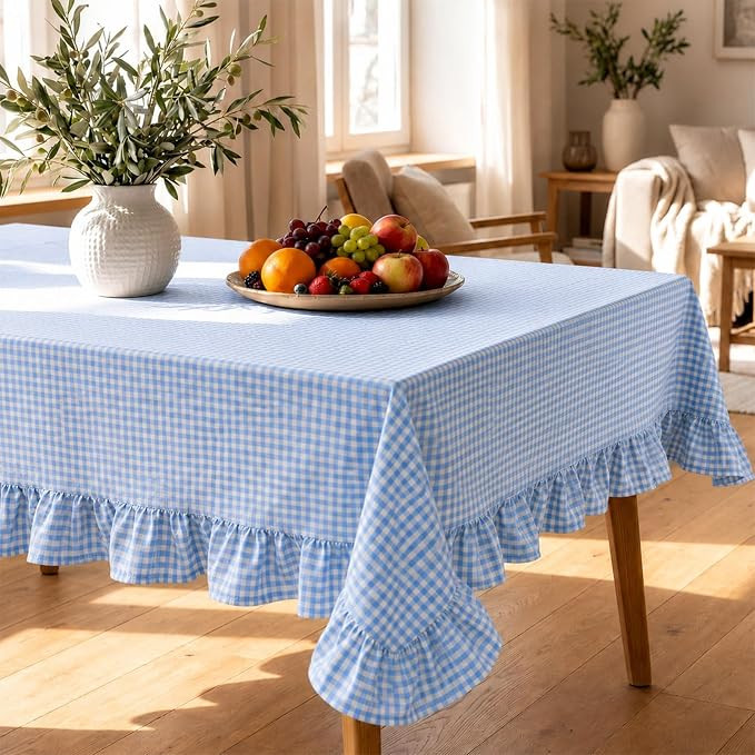 Blue White Gingham Ruffled Tablecloth Rectangle 55" x 70" Farmhouse Cotton Plaid Table Cloth with... | Amazon (US)