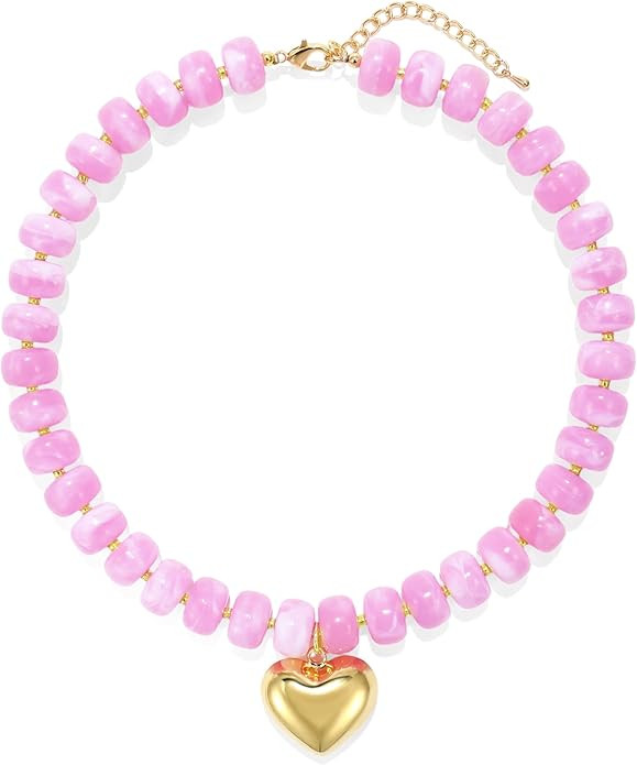 Chunky Heart Necklace for Women, Colorful Acrylic Beaded Statement Puff Heart Necklace, Cute Boho... | Amazon (US)