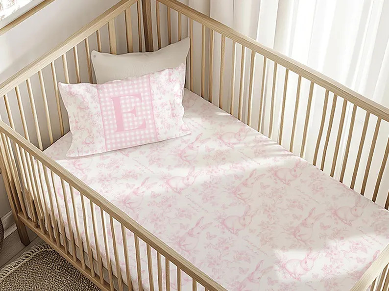 Pink Toile Bunny Crib Sheet: Girl Nursery Decor, Rabbits & Butterflies | Etsy (US)