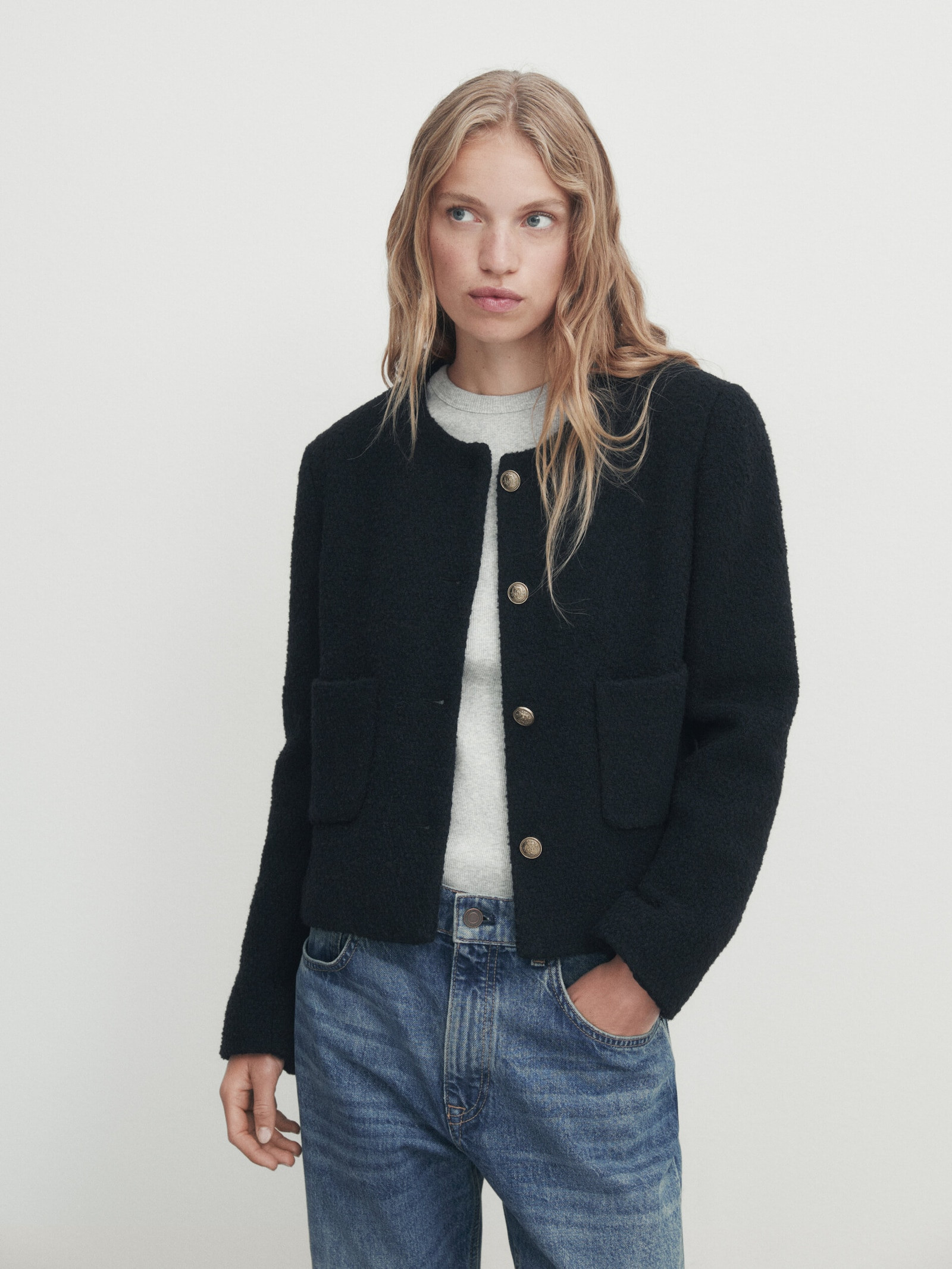 Textured blazer with gold buttons | Massimo Dutti US