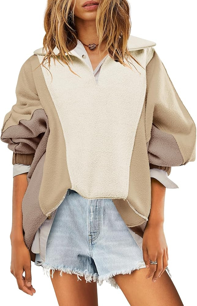 LAMISSCHE Womens Oversized Sweatshirt Long Sleeve Collared Hoodies Color Block Fuzzy Fleece Jacke... | Amazon (US)