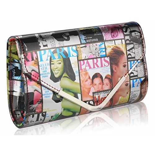Womens Glossy Magazine Print Flap Over Evening Clutch Bag (9" x 6") | Amazon (US)
